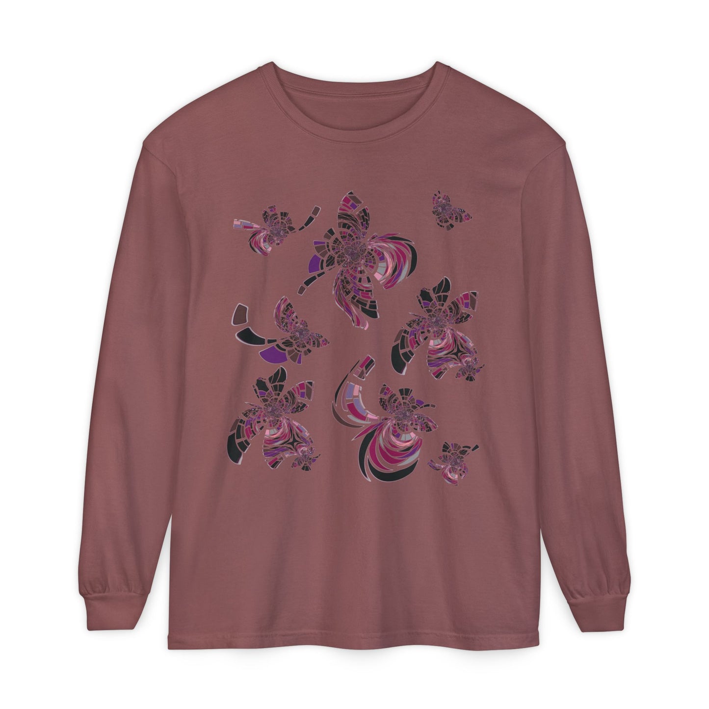 Unisex Long Sleeve T-Shirt "MONDRIAN SPACE" in Magenta. Perfect for Casual Comfort and Unique Style