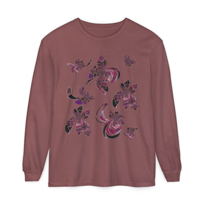 Unisex Long Sleeve T-Shirt "MONDRIAN SPACE" in Magenta. Perfect for Casual Comfort and Unique Style