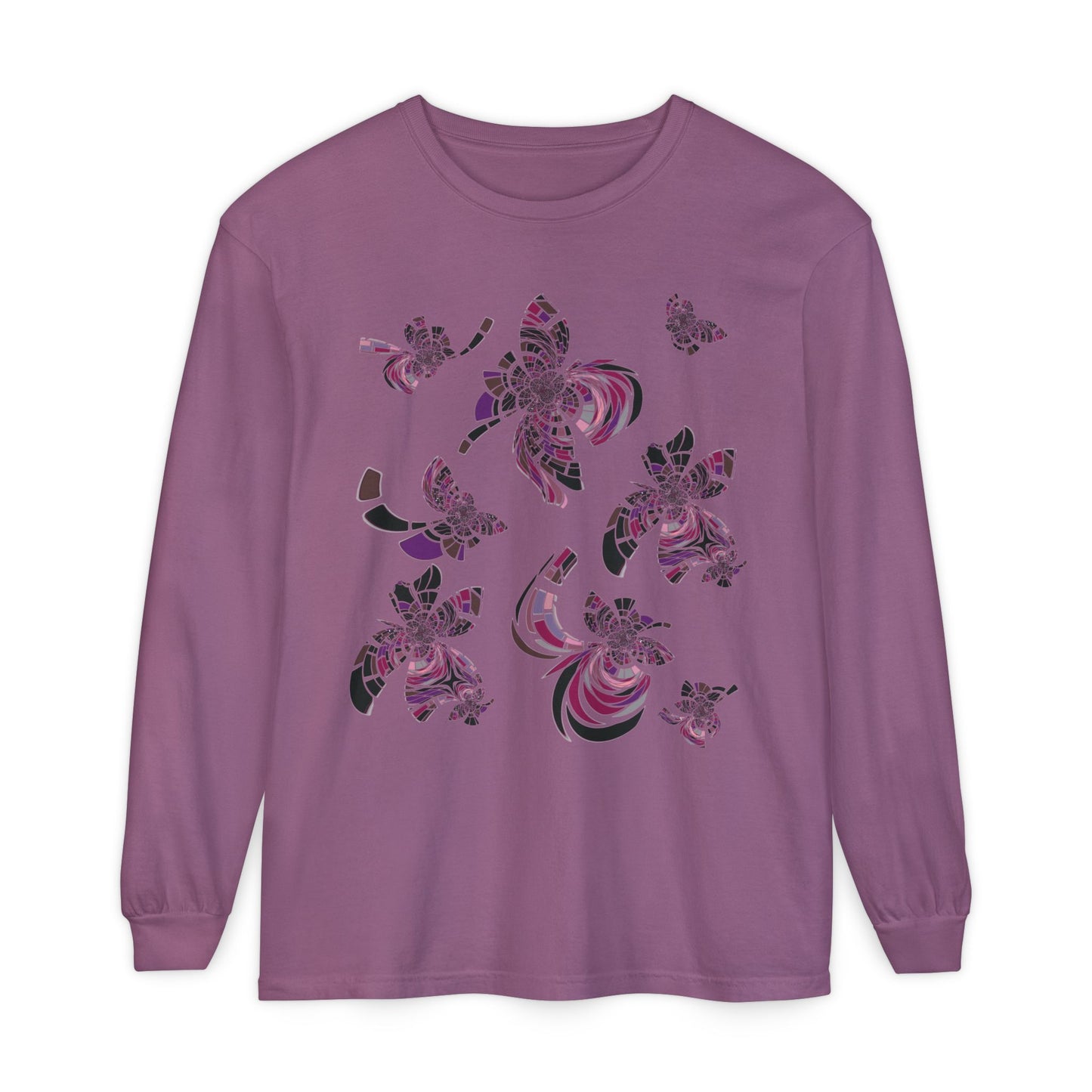 Unisex Long Sleeve T-Shirt "MONDRIAN SPACE" in Magenta. Perfect for Casual Comfort and Unique Style