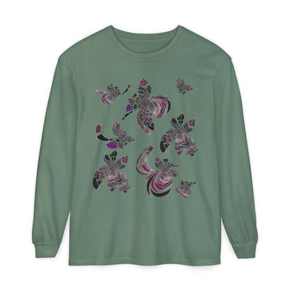 Unisex Long Sleeve T-Shirt "MONDRIAN SPACE" in Magenta. Perfect for Casual Comfort and Unique Style