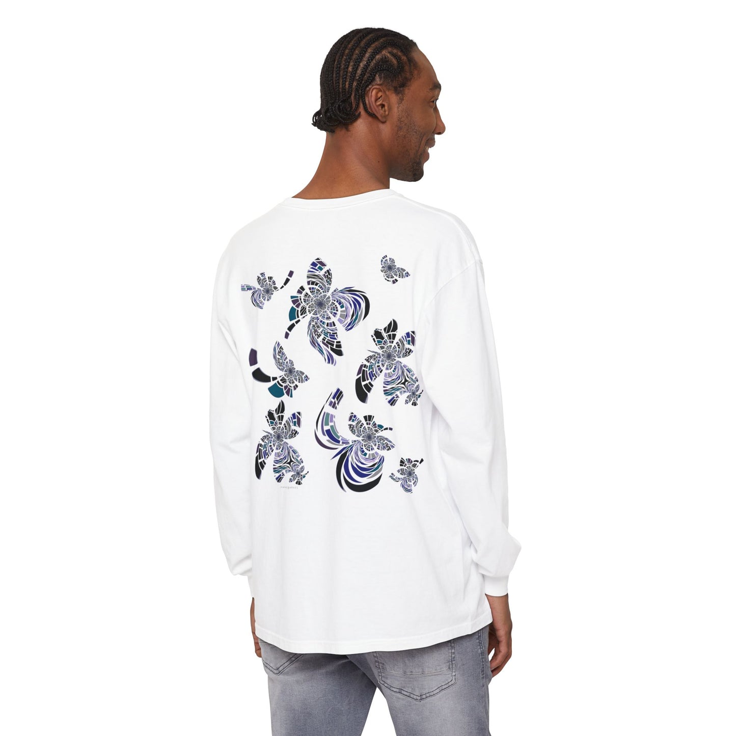 Unisex Long Sleeve T-Shirt "MONDRIAN SPACE" in Blue. Perfect for Casual Comfort and Unique Style