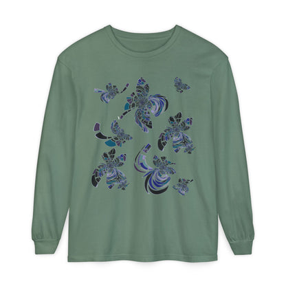 Unisex Long Sleeve T-Shirt "MONDRIAN SPACE" in Blue. Perfect for Casual Comfort and Unique Style