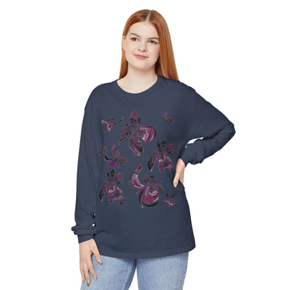 Unisex Long Sleeve T-Shirt "MONDRIAN SPACE" in Magenta. Perfect for Casual Comfort and Unique Style