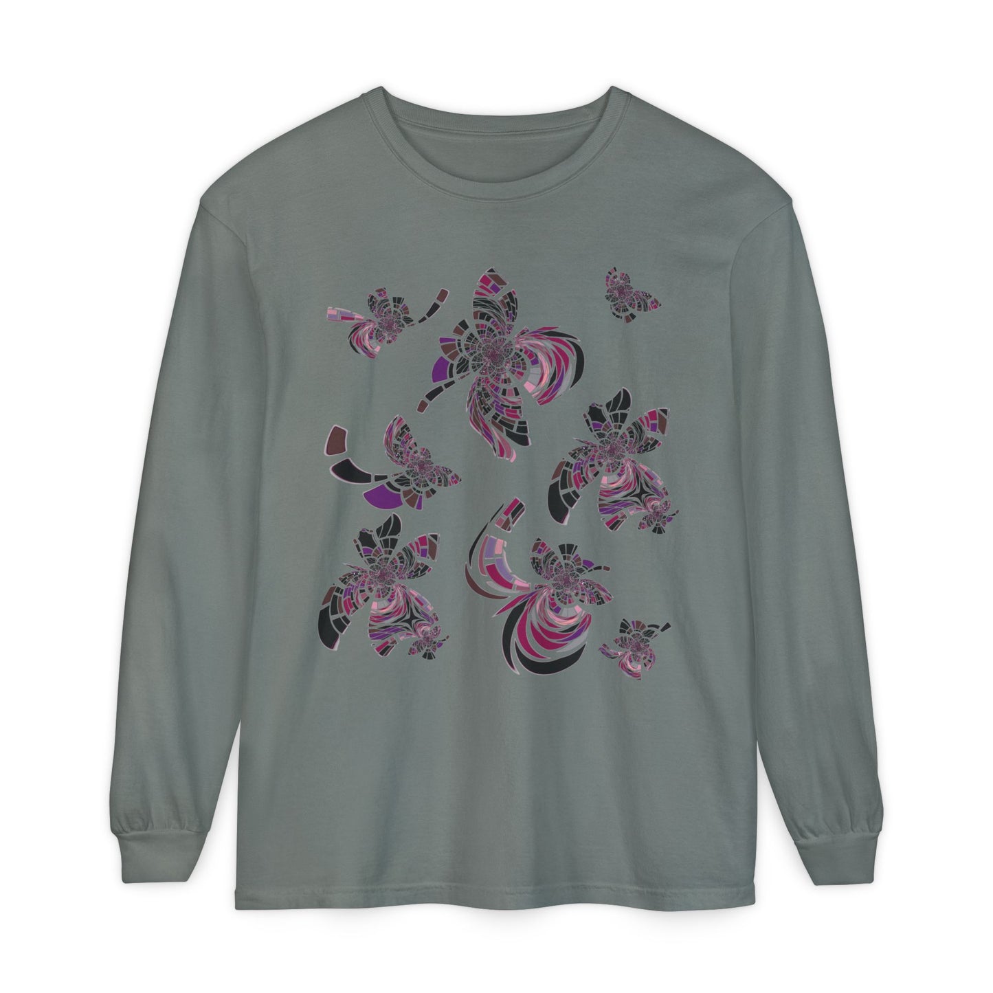 Unisex Long Sleeve T-Shirt "MONDRIAN SPACE" in Magenta. Perfect for Casual Comfort and Unique Style