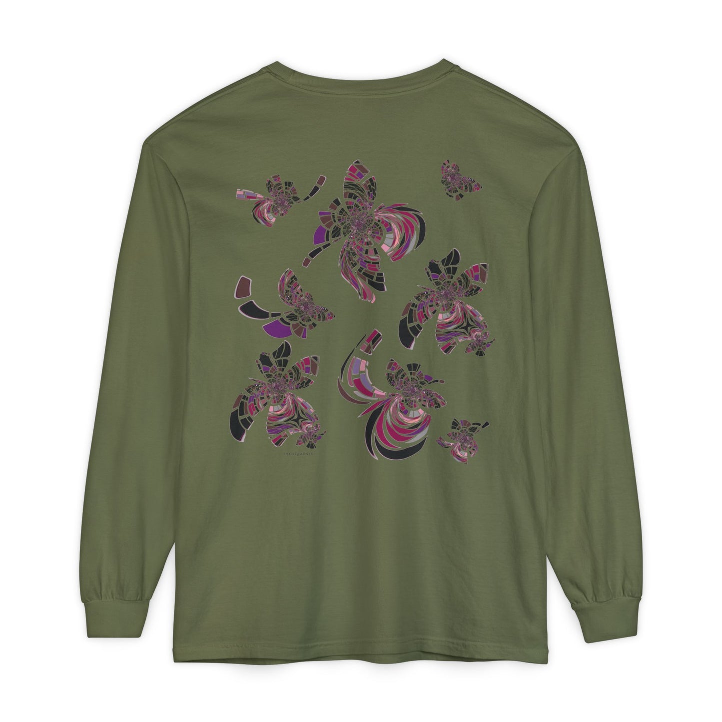 Unisex Long Sleeve T-Shirt "MONDRIAN SPACE" in Magenta. Perfect for Casual Comfort and Unique Style