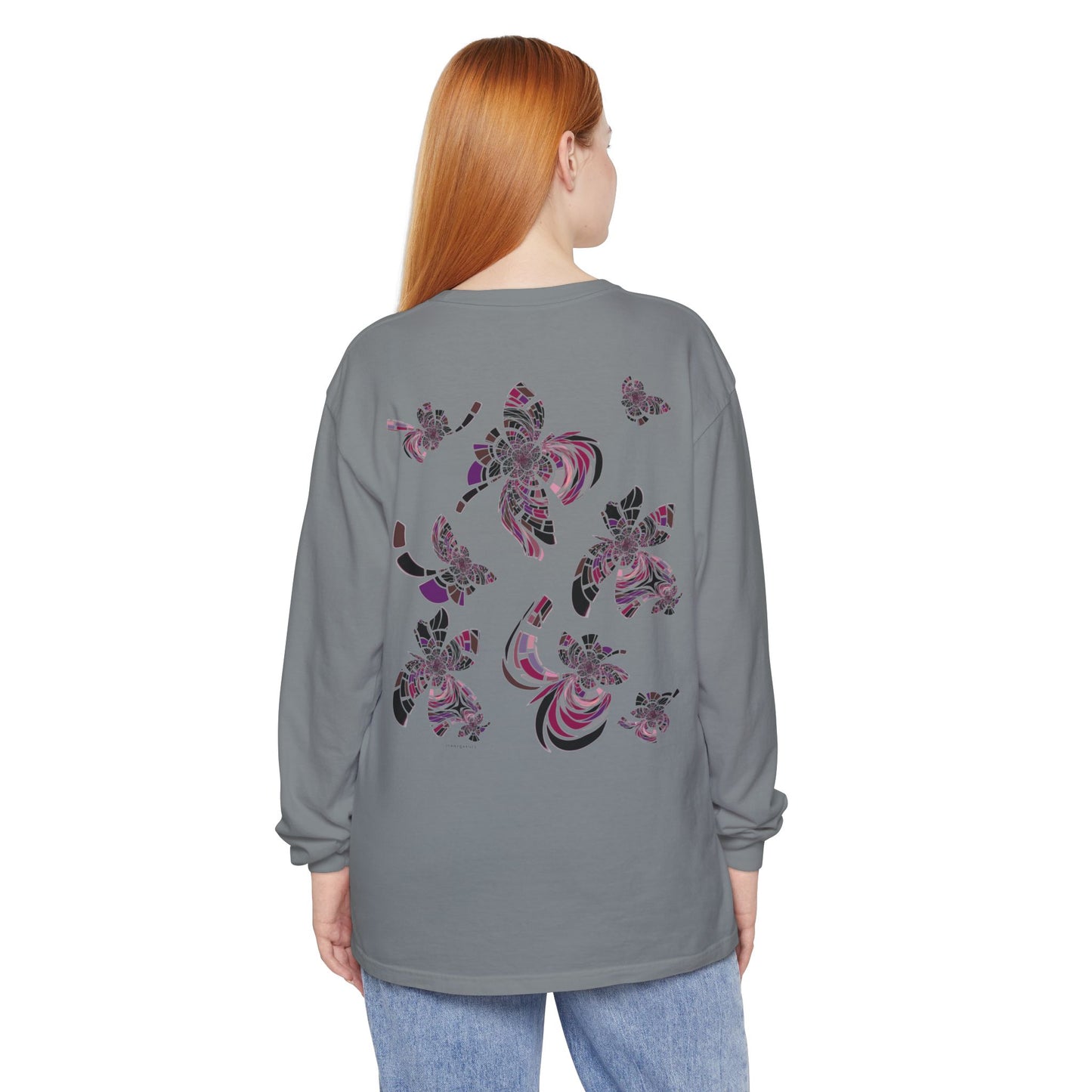 Unisex Long Sleeve T-Shirt "MONDRIAN SPACE" in Magenta. Perfect for Casual Comfort and Unique Style