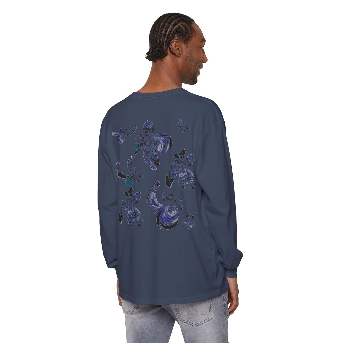 Unisex Long Sleeve T-Shirt "MONDRIAN SPACE" in Blue. Perfect for Casual Comfort and Unique Style