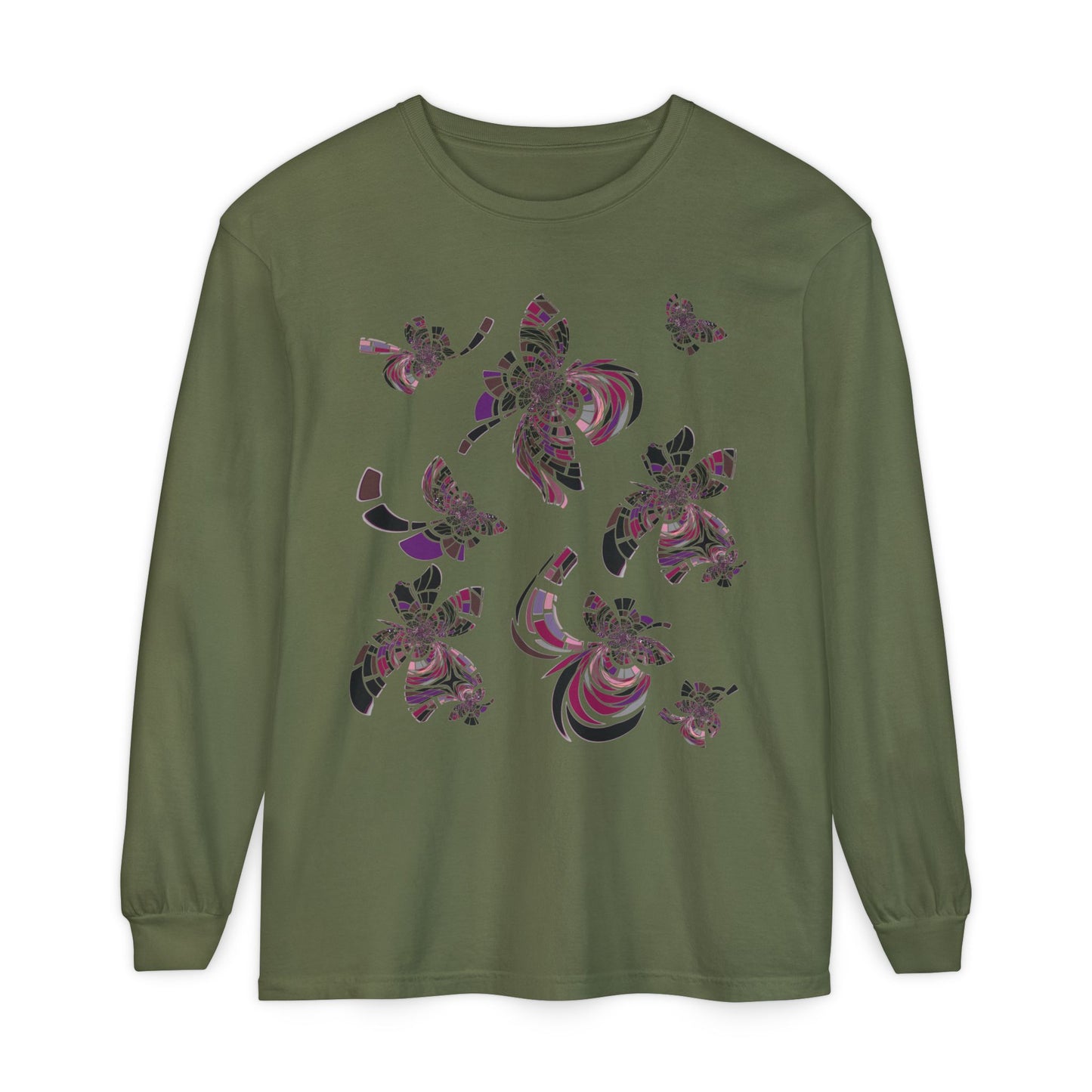 Unisex Long Sleeve T-Shirt "MONDRIAN SPACE" in Magenta. Perfect for Casual Comfort and Unique Style