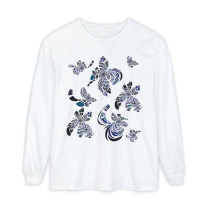 Unisex Long Sleeve T-Shirt "MONDRIAN SPACE" in Blue. Perfect for Casual Comfort and Unique Style