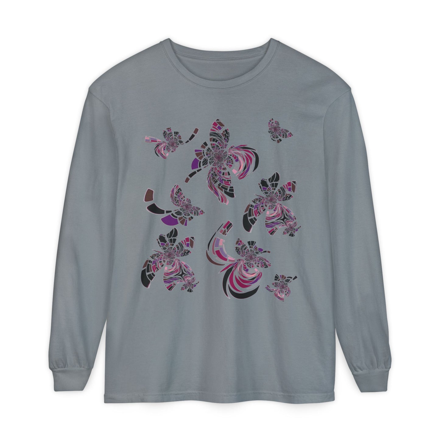 Unisex Long Sleeve T-Shirt "MONDRIAN SPACE" in Magenta. Perfect for Casual Comfort and Unique Style