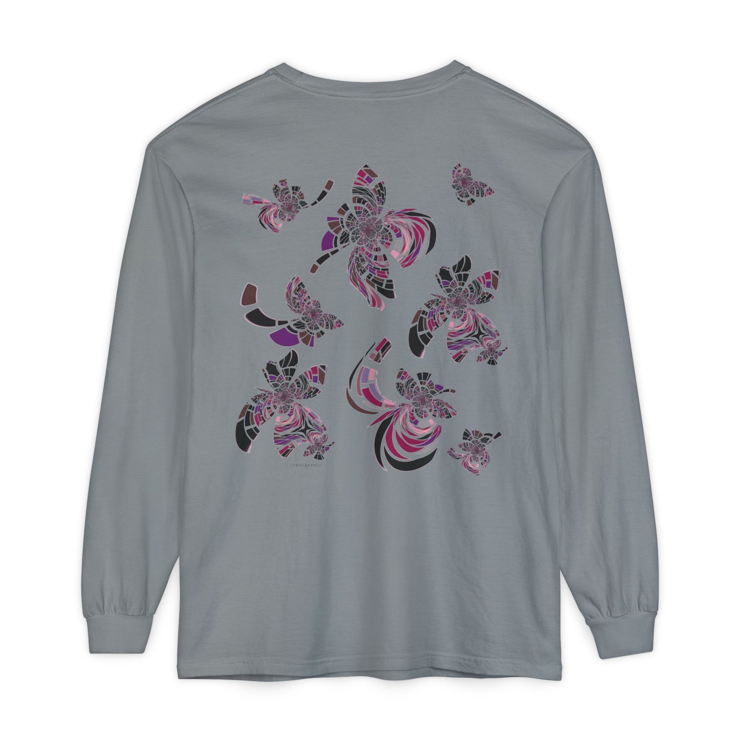 Unisex Long Sleeve T-Shirt "MONDRIAN SPACE" in Magenta. Perfect for Casual Comfort and Unique Style