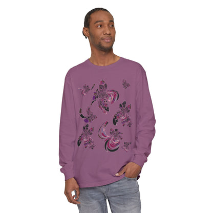 Unisex Long Sleeve T-Shirt "MONDRIAN SPACE" in Magenta. Perfect for Casual Comfort and Unique Style