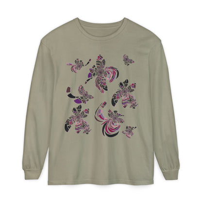 Unisex Long Sleeve T-Shirt "MONDRIAN SPACE" in Magenta. Perfect for Casual Comfort and Unique Style